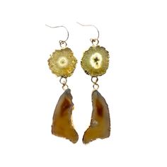 "The Catori earrings are an indulgent pairing of golden yellow solar quartz and honey-hued agate stones. The perfect pair for any autumn indulgence, these earrings are sure to bring an air of sophistication and warmth to any ensemble. 3 1/4\" Long 14k Gold-filled Earring Hooks" Yellow Agate, Yellow Earrings, Dark Yellow, Quartz Earrings, Earrings Long, Earring Hooks, Earrings Statement, Agate Stone, Golden Yellow