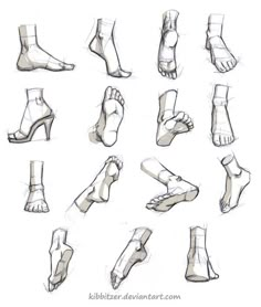 a bunch of feet that are drawn in different positions and sizes, including one with the foot