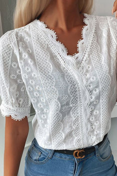 Evoke a summery moodwith ourV-Neck Lace Hem Eyelet Embroidered Top. The lace eyelet embroidery and patchwork make this a gorgeous blouse. Wear this with your favorite denim and pumps to look ultra-chic. Oktoberfest Costume, White Lace Shirt, Afrikaanse Mode, Gorgeous Blouses, Plain Blouse, Lace Hem, Loose Blouse, Women Shirts Blouse, Lace Shirt