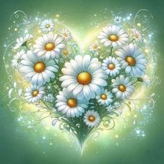 a heart - shaped arrangement of daisies on a green background