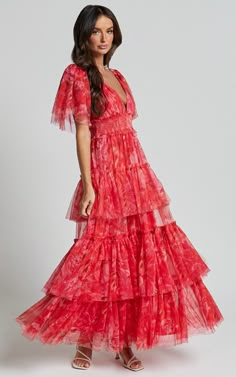 Leianna Midi Dress - Tulle Flutter Sleeve Tiered Ruffle Dress in Sunset Floral | Showpo USA Pink Tulle Fabric, Puffed Sleeve Dress, Ascot Dresses, Orange Bridesmaid, Orange Bridesmaid Dresses, Tiered Dresses, Floral Bridesmaid Dresses, Spring Wedding Guest Dress, Tulle Midi Dress