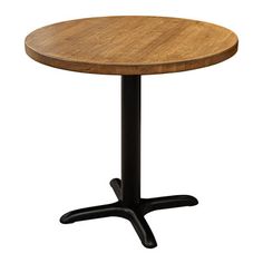 a round wooden table with two black legs and an oak top, viewed from the front