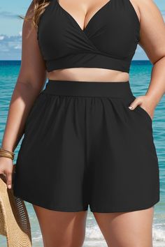 Plus Size Black Women Swim Skirt Bottoms Black Mini Swim Skirt With Built-in Shorts, Black Swim Skirt With Built-in Shorts For Vacation, Black Skirt With Built-in Shorts For Beach, Black Mini Skirt With Built-in Shorts, Black Swim Skirt With Built-in Shorts, Black Summer Skirt With Wide Waistband, Summer Black Skirt With Wide Waistband, Black Skirt With Wide Waistband For Summer, Black High Waist Bottoms