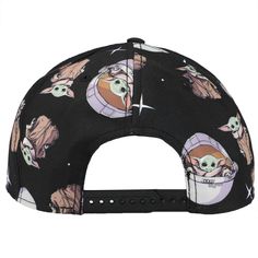 Fans of The Mandalorian will want to snatch up this limited-edition hat immediately! This super cool cap features a high-quality printed design of The Child that covers the entire hat from front to back. A bold black background makes every detail of little Grogu stand out vividly. This hat is made of durable, breathable polyester and has an adjustable snapback that makes it easy to find a comfortable, secure fit for fans of all ages. This Grogu All-over Printed Limited Edition Snapback Cap is an Black Snapback Baseball Cap With Letter Print, Black Snapback Hat With Letter Print And Flat Brim, Adjustable Snapback Hat With Graphic Print And Flat Bill, Black Snapback Hat With Graphic Print For Streetwear, Black Graphic Print Snapback Hat For Streetwear, Graphic Print Flat Bill Baseball Cap, Adjustable Black Baseball Cap With Graphic Print, Snapback Baseball Cap With Graphic Print, Graphic Print Snapback Baseball Cap