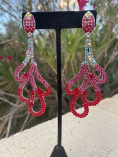 Pink red and ab earrings Red Long Drop Jewelry For Party, Red Drop Crystal Earrings For Evening, Red Glamorous Chandelier Earrings For Party, Glamorous Red Chandelier Earrings For Party, Red Crystal Dangle Earrings For Party, Red Chandelier Earrings For Party, Red Glamorous Chandelier Earrings For Evening, Glamorous Red Chandelier Earrings For Evening, Glamorous Red Drop Earrings