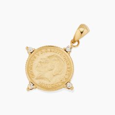 Our Legacy Coin Pendant Charm is the perfect bridge of history and style. Celebrating legacy, it depicts King George V, celebrated for his leadership during a pivotal era. The coin's vintage allure is enhanced by modern design elements, making it a versatile addition to any jewelry collection. Ceremonial Medallion Jewelry With Historical Design, Elegant Ceremonial Coin Jewelry, Collectible Coin-shaped Elegant Necklace, Elegant Commemoration Coin Pendant Jewelry, 14k Gold Coin Pendant Jewelry For Commemoration, 14k Gold Coin Jewelry For Commemoration, Vintage Diamond Medallion Jewelry, Vintage Coin Jewelry For Anniversary, Vintage Yellow Gold Jewelry With Historical Design