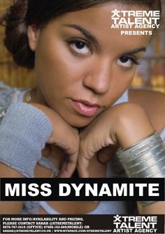 a woman is posing for a photo with her arm around her neck and the words miss dynamitete on it