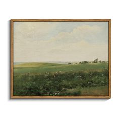 an oil painting on canvas of a green field with trees and clouds in the background