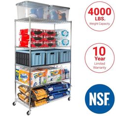 three tiered shelving unit with plastic bins