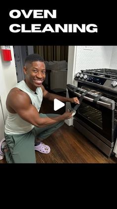 a man kneeling down in front of an oven with the words oven cleaning on it