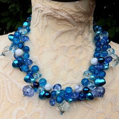 Sky Blue Designer Inspired Unique Statement Cluster Necklace - Chunky Colorful Gift for Her Blue Glass Beaded Bohemian Necklace, Bohemian Blue Glass Beaded Necklaces, Blue Glass Bohemian Beaded Necklaces, Blue Glass Bohemian Necklace, Handmade Blue Glass Necklaces, Turquoise Glass Necklaces For Party, Turquoise Glass Necklace For Party, Blue Glass Beaded Necklaces, Blue Glass Beads For Gifts