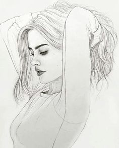 a pencil drawing of a woman with her hair blowing in the wind and eyes closed