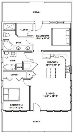 the floor plan for a two bedroom apartment with an attached bathroom and living room area