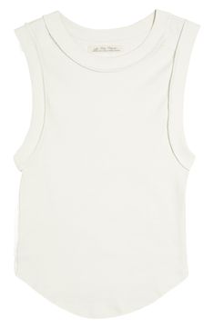 Show off your shoulders in this body-hugging ribbed tank made with a curved hem that looks great untucked. 23 1/2" length (size Medium) Crewneck 94% cotton, 6% spandex or 95% cotton, 5% spandex Machine wash, tumble dry Imported Trendy Ribbed Bodycon Top, Casual Ribbed Bodycon Top, Fitted Ribbed Tank Top With Crew Neck, Ribbed Fitted Crew Neck Tank Top, Ribbed Bodycon Tops For Summer, Summer Ribbed Bodycon Tops, Ribbed Bodycon Summer Tops, Solid Ribbed Tank Straps Tops, Fitted Sleeveless Top With Ribbing