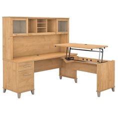 an office desk with two drawers and a hutch