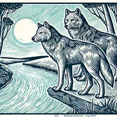 two wolfs standing next to each other in front of a lake with trees and moon