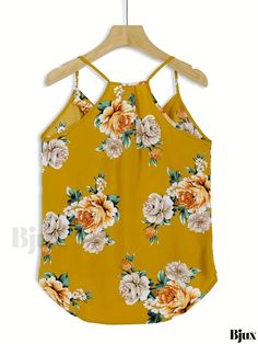 Bjux - Womens Floral Print Dipped Hem Cami Top - Elegant and Versatile Sleeveless Summer Cami Fitted Yellow Camisole For The Beach, Stretch Yellow Sleeveless Camisole, Yellow Stretch Sleeveless Camisole, Printed Tank Camisole For Beach, Summer Sleeveless Tank Top For Brunch, Summer Beach Racerback Camisole, Racerback Camisole For Summer Beach, Racerback Camisole For Beach In Summer, Racerback Camisole For Beach And Summer