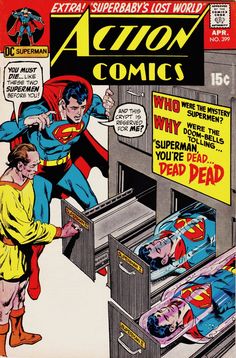 an old comic book cover with superman in the background