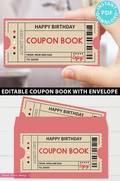 two coupon book tickets with happy birthday written on the front and back, in pink