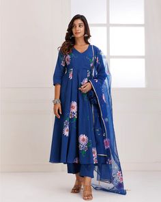 Blue Organza Angrakha Hand Painted Anarkali Suit Set with Dupatta Organza Angrakha, Hand Painted Organza, Dupatta Painting, Blue Organza, Blue Kurta, Hand Pain, Organza Sleeves, Anarkali Kurta, Suit Ideas