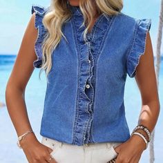 New Blue Denim Button Down Sleeveless Top Armpit To Armpit 19” S,4, M,6 Length 25 “ Armpit To Armpit 20.1 L , 8. , 10 Length 25.3” 60% Cotton, 25% Polyester, 15% Viscose Machine Washable Spring Summer Luxury Ladies Women’s Wear Winter All Season Shirts & Blouses Jersey Tops Party Day Going Out Shirts White Accessories Dress Style Cocktail Sleeves Cardigan Pair With Sweater Preppy Sexy Hot Boho Trendy Vogue Posh Sassy Girly Date Night Elegant Dressy Fashionable Chic Tomboy Simple Bold Fun Classy Summer Washed Blue Denim Top With Button Closure, Blue Summer Denim Vest With Buttons, Summer Light Wash Denim Vest With Buttons, Chic Denim Top With Button Closure For Summer, Blue Buttoned Denim Vest For Summer, Dark Wash Buttoned Tops For Summer, Blue Denim Vest With Buttons For Summer, Denim Blue Vest With Buttons For Summer, Summer Denim Top With Button Closure