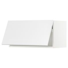 a white wall mounted shelf with an open door on the top and bottom corner, in front of a white background