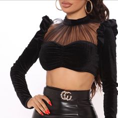 Black Velvet Ruffle Long Sleeve Crop Top. Mesh Top And Zipper Back. Fashionnova Never Worn With Tags. Size Large Chic Fitted Blouse For Club, Fitted Chic Blouse For Club, Chic Stretch Blouse For Club, Chic Evening Crop Top With Ruffles, Elegant Crop Top For Fall Party, Trendy Ruffled Crop Top For Party, Elegant Fall Crop Top For Party, Stretch Ruffle Blouse For Night Out, Flirty Ruffled Crop Top For Night Out