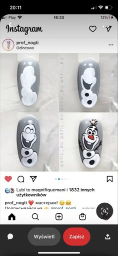 Olaf Nails, Nail Decoration Ideas, Beach Nails Art, Cartoon Nail Designs, Winter Nail Art Designs, Nail Designs Christmas, Xmas Nail Art, Valentines Nail, Unghie Sfumate