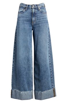 Made with the brand's widest legs yet, these nonstretch jeans are slightly shorter than typical wide-leg styles and end in trendy raw-edge cuffs. 28" inseam; 25" leg opening; 12" front rise; 15 1/2" back rise (size 29) Zip fly with button closure Five-pocket style 100% cotton Machine wash, line dry Imported Cute Patched Jeans, Western Wide Leg Jeans, Cute Wide Leg Jeans, Capsule Wardrobe Jeans, Quilted Jeans, Cuffed Jeans Outfit, Jean Bottoms, Business Casual Pants Women, Pants Inspiration