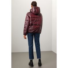 Burgundy puffer (100% Nylon). Coat. Long Sleeve. Front zip closure. 23" shoulder to hemline. Imported. Hooded Nylon Puffer Jacket For Fall, Down Puffer Jacket With Double-lined Hood For Fall, Casual Down Outerwear With Zipper Closure, Casual Duck Down Puffer Jacket With Padded Collar, Down Puffer Jacket With Zip Fly For Cold Weather, Winter Down Puffer Jacket With Zip Fly, Casual Down Puffer Jacket With Double-lined Hood, Fall Quilted Down Jacket For Cold Weather, Nylon Puffer Jacket With Padded Collar For Cold Weather