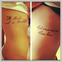 two pictures of the same woman's back with tattoos on their ribs and words written in cursive writing