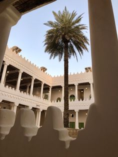 a palm tree in the middle of a building with columns and arches on both sides