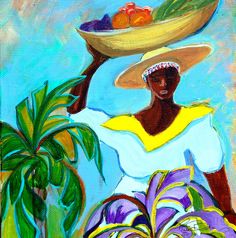 an oil painting of a woman carrying fruit on her head and palm trees in the background