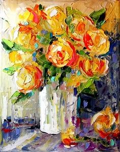 a painting of yellow roses in a vase