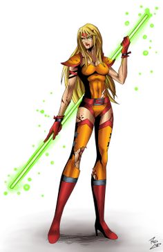 a woman in yellow and red outfit holding a green light saber on her right arm