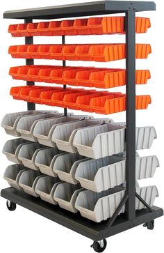 an orange and white rack with plastic bins on it's sides is shown