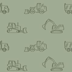 a green background with different types of construction vehicles