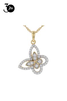 Moissanite Fire(R) .60ctw diamond equivalent weight round 14k yellow gold over sterling silver    butterfly pendant with 18 inch Singapore chain. White rhodium settings. Measures 1 & 11/16" L x   11/16" W and has a lobster clasp with a 2 inch extender. Actual moissanite weight is .54ctw. Yellow Gold Butterfly Diamond Jewelry, Butterfly Shaped Yellow Gold Diamond Jewelry, Butterfly-shaped Yellow Gold Jewelry With Diamond Accents, Yellow Gold Butterfly Shaped Jewelry With Cubic Zirconia, Yellow Gold Cubic Zirconia Butterfly Jewelry, Butterfly Shaped Diamond Jewelry For Anniversary, Diamond Butterfly Jewelry For Anniversary, Fine Jewelry Butterfly Pendant With Diamond Accents, Fine Jewelry With Butterfly Diamond Accents