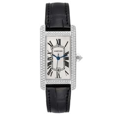 Cartier Tank Americaine White Gold Diamond Ladies Watch 2490. Automatic self-winding movement. 18K white gold case 22.0 x 41.0 mm. Octagonal crown set with an original Cartier factory diamond. Original Cartier factory double-row diamonds lug to lug. 18k white gold bezel with original Cartier factory double-row diamonds. Scratch resistant sapphire crystal. Silvered guilloche dial with black Roman numerals. Blued steel sword shaped hands. Secret Cartier signature at VII. Date window at 6 o'clock. Cartier Tank Americaine, Cartier Tank, Expensive Watches, Cartier Watch, Vintage Rolex, Gold Case, Beautiful Watches, Ladies Watch, Roman Numerals