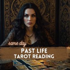 a woman sitting in front of a table with tarot cards on it and the words, some day past life tarot reading