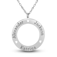 Personalize the perfect gift for a loved one or yourself with up to three names in this meaningful 24mm high-polish loop pendant necklace. Fashioned in 10K white gold, the adjustable 18-inch rope chain secures in place with a spring ring clasp. The message can be 3 lines of text. Each line has a maximum of 9 characters per line. White Gold Pendant Necklace, Loop Pendant, Jared The Galleria Of Jewelry, Chain Ring, Rope Chain, White Metal, Gold Plated Sterling Silver, Spring Rings, Personalized Jewelry