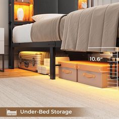 a bed with drawers underneath it and an under - bed storage unit next to it