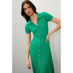 Green (Lower main fabric: 62% Viscose, 38% Polyamide; Upper main fabric: 53% Viscose, 45% Polyamide, 2% Elastane). Casual dress. Short sleeves. Collared. Front button closure. 49" from shoulder to hemline. Imported. Fitted V-neck Viscose Shirt Dress, Fitted Green Midi Dress For A Day Out, Elegant Viscose Dresses With Buttons, Chic Viscose Dress With Button Closure, Green Viscose Evening Dress, Maxi Length Dress With Button Closure For Casual Wear, Maxi Length Dress With Button Closure For Dress Down, Summer Evening Midi Dress With Button Closure, Button Closure Maxi Dress For Casual Occasions