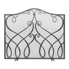 an iron gate with decorative designs on the top and bottom, set against a white background