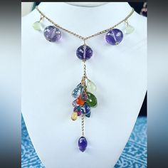 Hand Crafted Gf Multi Gemstone Necklace Amethyst, Citrine, Topaz, Prehnite, Tanzanite, Carnelian, Peridot Luxury Multicolor Amethyst Gemstones, Amethyst Briolette Necklace With Gemstone Accents, Purple Multi-stone Pendant Gemstones, Briolette Amethyst Natural Stone Gemstones, Amethyst Multi-stone Briolette Gemstones, Amethyst Briolette Multi-stone Gemstones, Luxury Amethyst Multi-stone Necklace, Luxury Multi-stone Amethyst Necklace, Purple Briolette Jewelry With Gemstone Accents