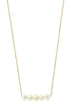 Freshwater pearls embellish the bar pendant of this luxe 14K yellow gold necklace. 14K yellow gold 3.5mm freshwater pearl bar pendant necklace. Lobster clasp. Approx. 18" chain length. Approx. 3.5mm pearls. ImportedPlease note: Due to the unique and natural origin of pearls, slight variations in overtone and quality may occur. These characteristics enhance the beauty of the product and truly make them a one of a kind piece. Pearl Bar Necklace, 14k Yellow Gold Necklace, Bar Pendant Necklace, Bar Pendant, Pearl Size, Bar Necklace, The Bar, Chain Length, Womens Jewelry Necklace