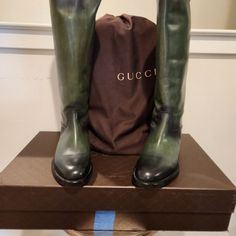 Very Rare Gucci Italian Leather Riding Boots. These Boots Are New And Have Never Been Worn. Luxury Calf Leather Riding Boots, Luxury Riding Boots With Leather Sole, Gucci Calf Leather Boots, Classic Gucci Boots With Leather Sole, Designer Gucci Boots With Branded Insole, Gucci Formal Boots With Leather Sole, Designer Calf Leather Boots With Goodyear Welted Construction, Designer Calf Leather Boots With Goodyear Welt, Gucci Classic Formal Boots