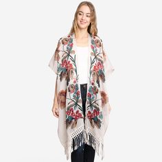 Size : One Size Material : 100% Polyester Cover Up Kimono, White Flower, Flower Patterns, Lowest Price, Tassels, Cover Up, On Sale, Floral Prints, Pattern