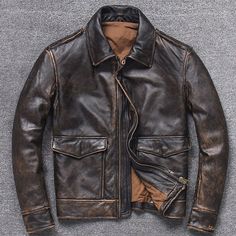 Real A2 Aviator Brown Distressed Pilot Flight Bomber Air Force Real Leather Jacket - Genuine & Timeless Crafted from premium quality real leather, ensuring durability and a luxurious look. Designed to keep your hands warm and protected during the winter season. Features multiple pockets for convenient storage of personal items, along with a waxed finish for added style and durability. The jacket is lined with polyester twill mesh, providing comfort and breathability. Distressed Leather Jacket, Autumn Coat, Clothes Autumn, Party Jackets, Leather Apron, Functional Fashion, Real Leather Jacket, Retro Men, Vintage Leather Jacket