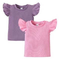 PRICES MAY VARY. 💕 Girls shirts: OPAWO girls t shirts are made of 95% polyester and 5% spandex, these toddler girl shirts are super soft and breathable, comfortable and stretchy. Suitable for spring, summer, fall and winter wear, machine washable 💕 2-pack toddler girl t shirts: Package includes 1 girls purple shirt & 1 girls pink shirt, solid color toddler shirts is suitable for all kinds of combinations and occasions 💕 Designed for girls: Ruffle sleeves girls tank tops, ribbed fabric to keep Cute Solid Color Summer Tops, Cute Solid Short Sleeve Tops, Summer Flutter Sleeve Tops For Playtime, Cute Ruffled Solid Color Tops, Cute Solid Tops With Ruffles, Cute Solid Color Tops With Ruffles, Playful Short Sleeve Top, Playful Cotton Tops With Flutter Sleeves, Cotton Tops With Flutter Sleeves For Playtime